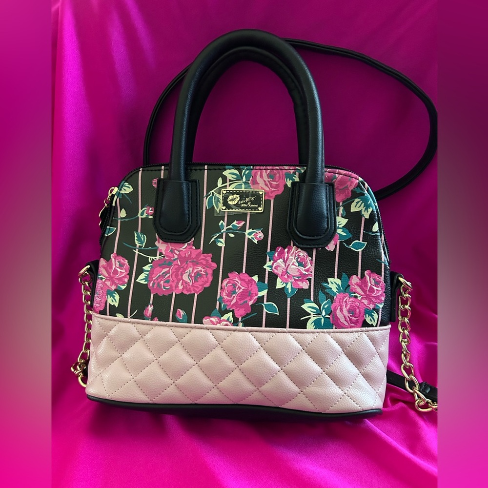 Luv Betsey Johnson Elegant Floral Crossbody Bag in Black and Pink